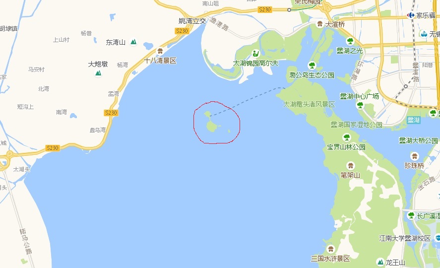 在鼋头渚的码头乘船上太湖中的小岛——太湖仙岛,红圈位置