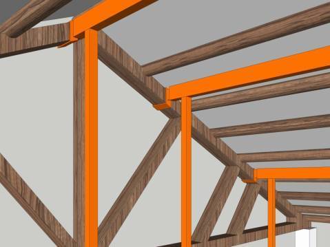 夹层的部分荷载通过上部吊柱传至两端的山墙和屋架上