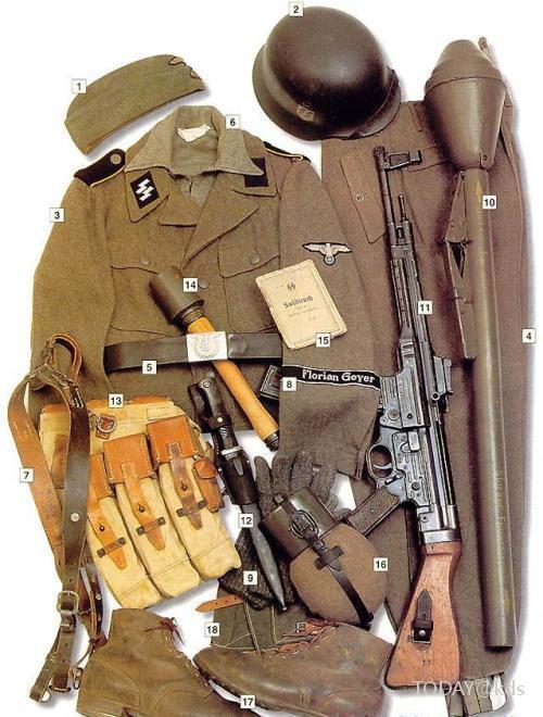 野战帽 2.m1943型钢盔 3.党卫军制服 4.裤子 5.皮带 6.衬衫 7.